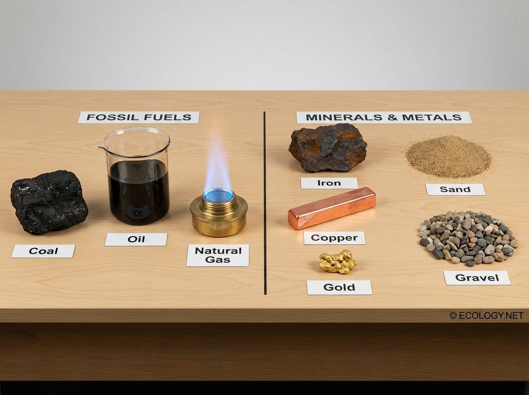 Photo-realistic examples of nonrenewable resources including coal, oil, natural gas, iron ore, copper, gold, sand, and gravel.