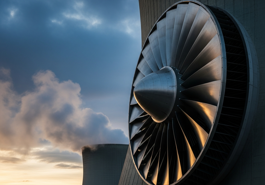 A powerful nuclear power plant turbine with polished steel blades and a faint steam plume at dusk.