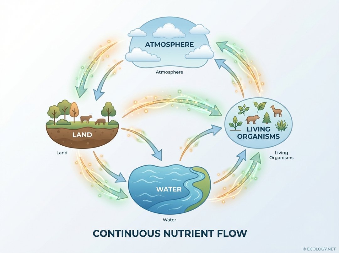 Illustrative diagram showing the continuous movement of essential nutrients as glowing particles between the Atmosphere, Land, Water, and Living Organisms reservoirs.