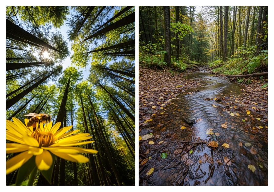 Split-screen image showing a honeybee on a flower in a forest canopy and a stream with fallen leaves, illustrating photosynthesis and water's role in nutrient transport.