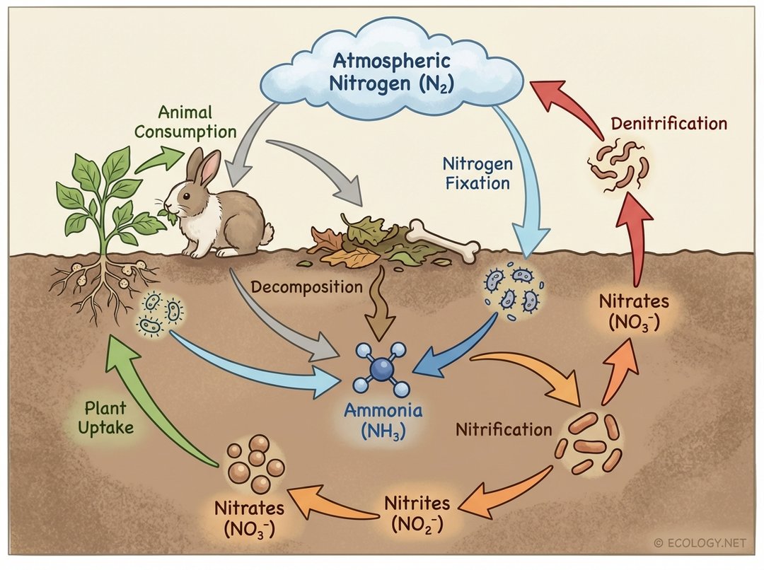 Detailed diagram illustrating the nitrogen cycle, showing processes like nitrogen fixation, nitrification, plant uptake, animal consumption, decomposition, and denitrification.