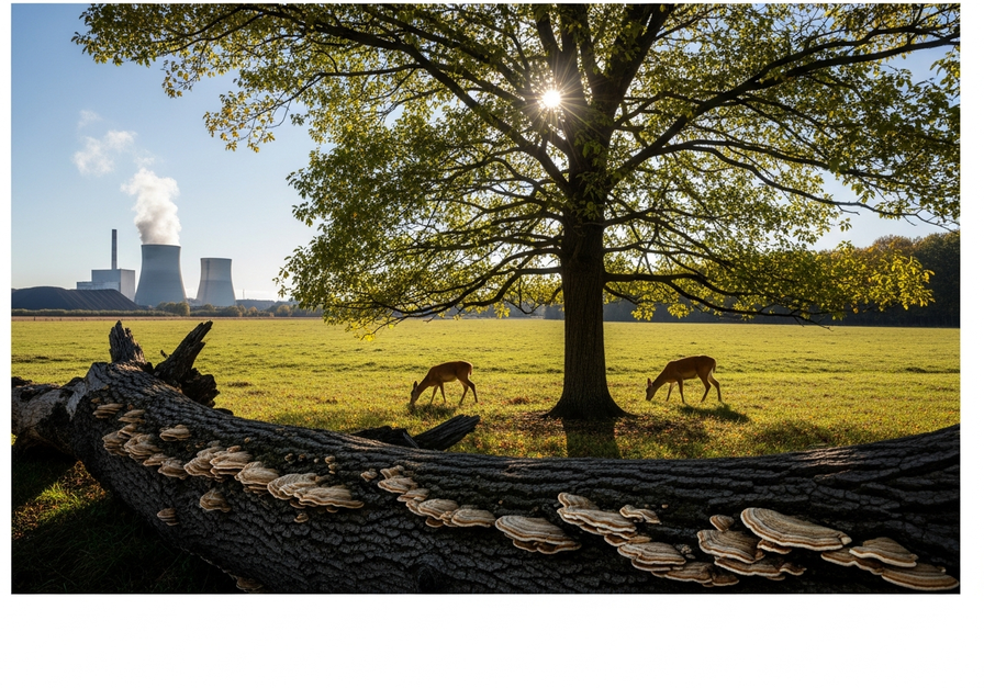 High-angle view of a forest ecosystem with a tree, grazing deer, decomposing log, and distant power plant, depicting the carbon cycle stages.