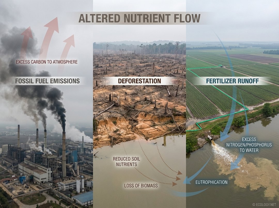 Photo-realistic image depicting human impacts on nutrient cycles, including factory emissions, deforestation, and agricultural fertilizer runoff into a river.