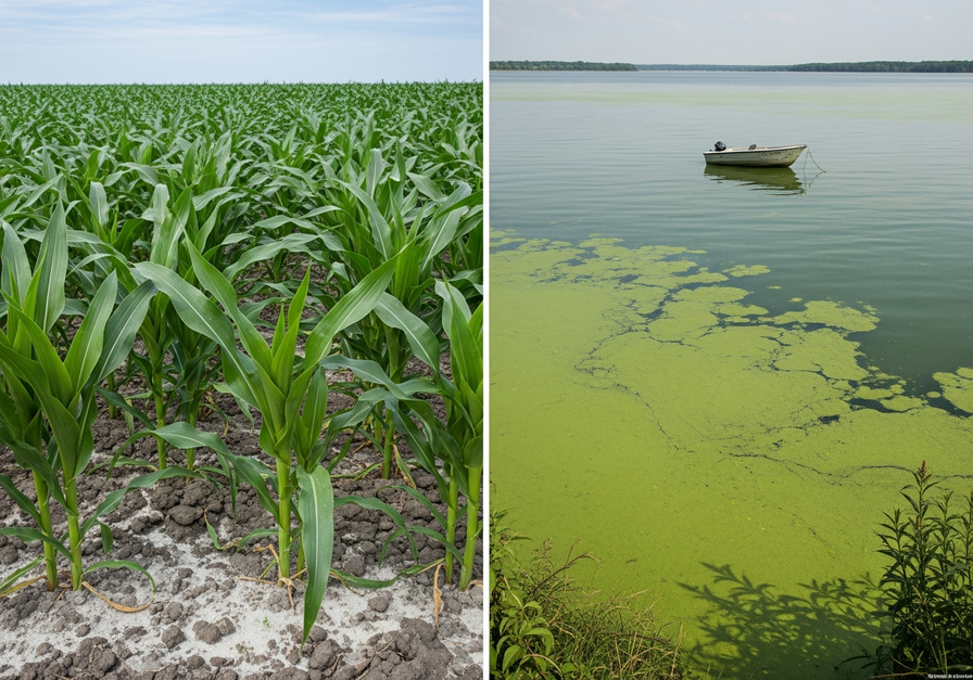 Split-screen image contrasting a fertilized corn field with a lake covered in dense algal bloom, demonstrating human impact on nutrient cycles.