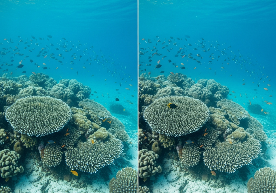 A split-screen image showing a vibrant, healthy coral reef on the left and a bleached, eroded reef with fewer fish on the right, illustrating the impact of ocean acidification on marine ecosystems.