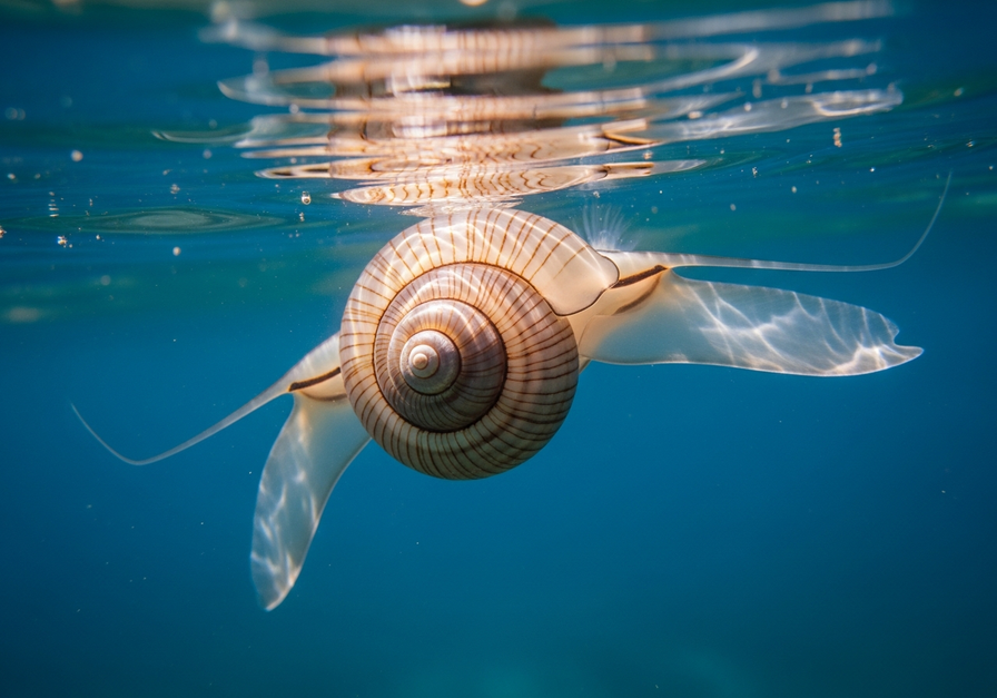 A close-up photograph of a translucent pteropod (sea butterfly) with a visibly thin and fragile shell, highlighting its vulnerability to acidified waters.