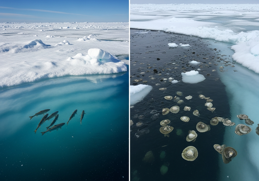 A split-screen image showing a pristine Arctic ice floe with healthy fish on the left, and the same area after rapid ice melt on the right, revealing darker water and struggling shellfish due to faster acidification.