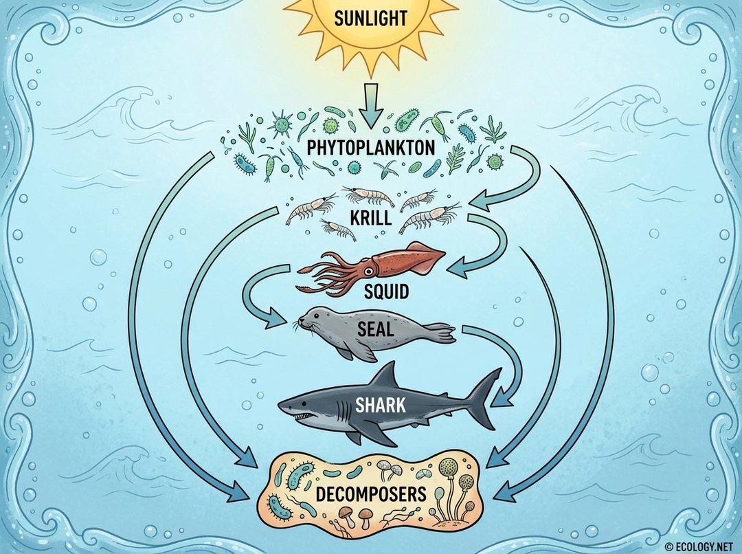 Diagram illustrating a marine food web, showing energy flow from Sunlight to Phytoplankton, Krill, Squid, Seal, Shark, and Decomposers.