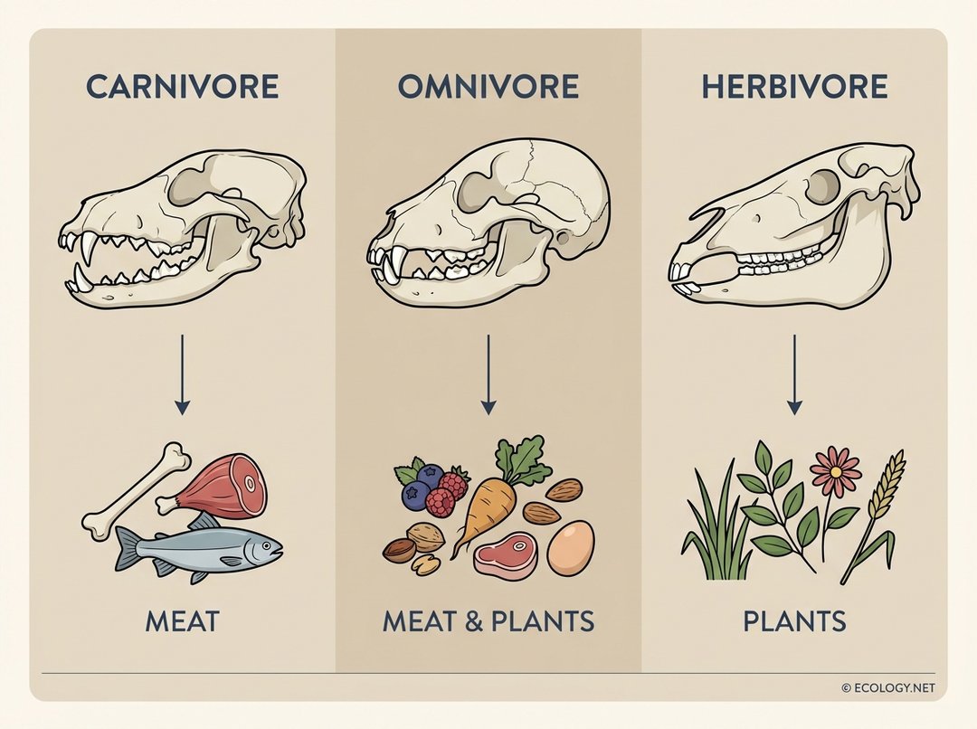 An illustrative diagram comparing the dental structures and diets of a carnivore, an omnivore, and a herbivore, showing specialized teeth for meat, mixed teeth for varied diets, and flat teeth for plants, respectively.