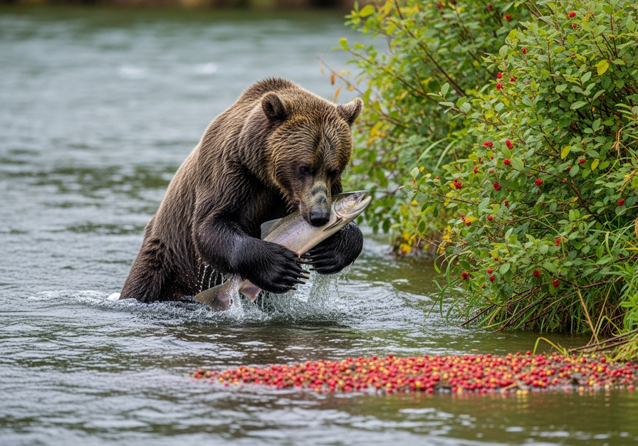 A grizzly bear catching a salmon in a river, with berries on the bank, illustrating a flexible omnivorous diet.