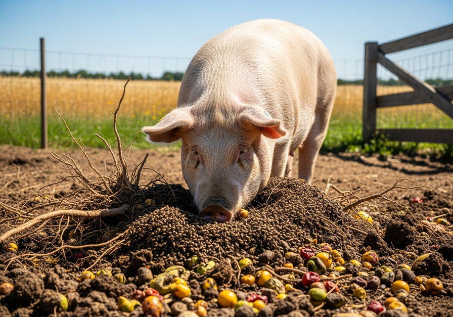 A domestic pig foraging in a barnyard, snout in a pile of roots and fruit, showcasing its diverse omnivorous diet.