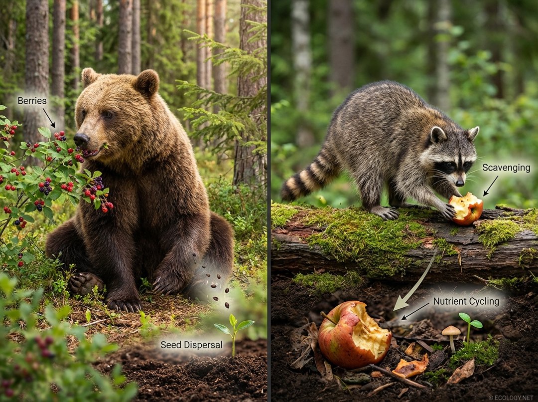 A split image showing a brown bear eating berries in a forest, illustrating seed dispersal, and a raccoon scavenging on a small piece of carrion, illustrating nutrient cycling.