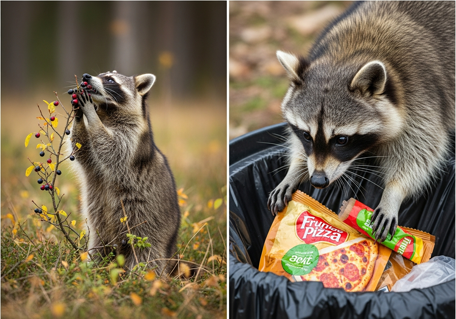 A split image showing a raccoon eating berries in a forest and rummaging through a trash can, demonstrating its adaptable omnivorous nature.