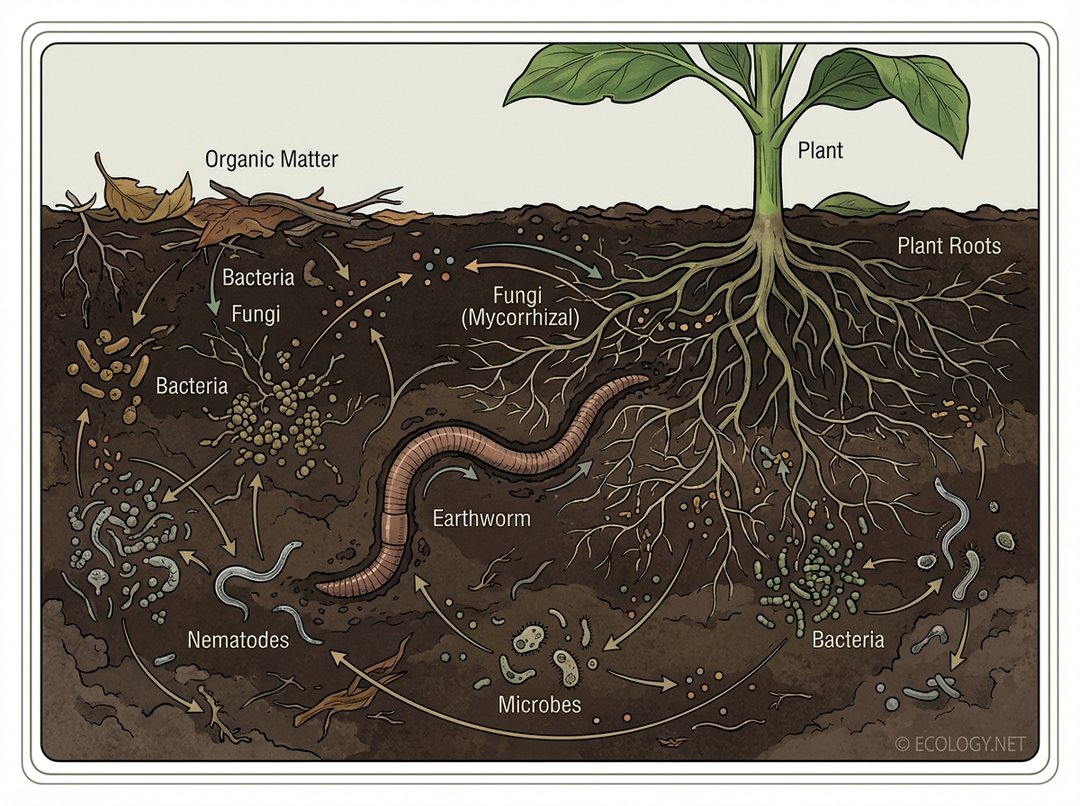 Illustrative diagram showing a cross-section of healthy soil with plant roots, earthworms, bacteria, fungi, nematodes, and microbes, depicting the soil food web and nutrient cycling.