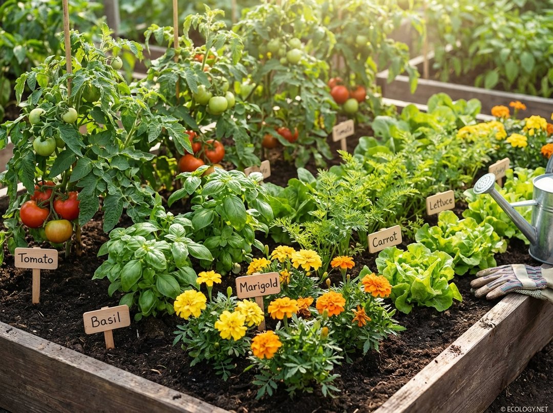 Photo of a vibrant organic garden bed with tomato plants, basil, and marigolds demonstrating companion planting.