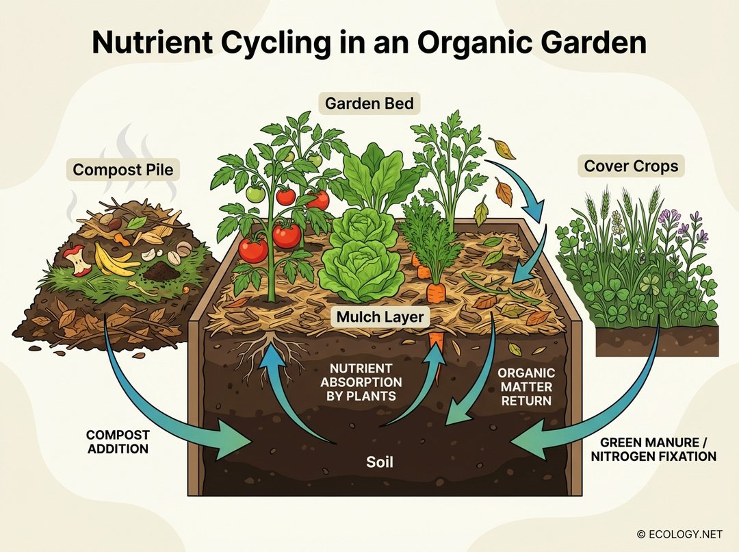 Diagram illustrating nutrient cycling in an organic garden, showing a garden bed, compost pile, mulch layer, and cover crops with arrows indicating nutrient flow.
