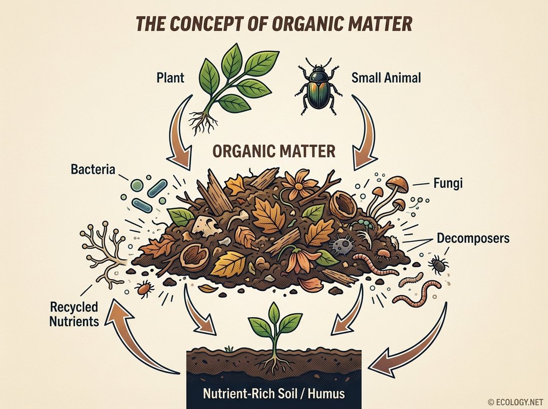 Diagram illustrating organic matter's origins from plants, animals, and microbes, showing decomposition into soil.