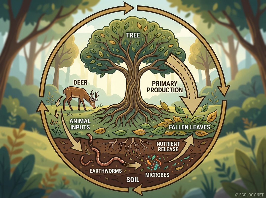 Diagram showing the organic matter cycle in a forest, with a tree, fallen leaves, soil decomposition by earthworms and microbes, and nutrient release.