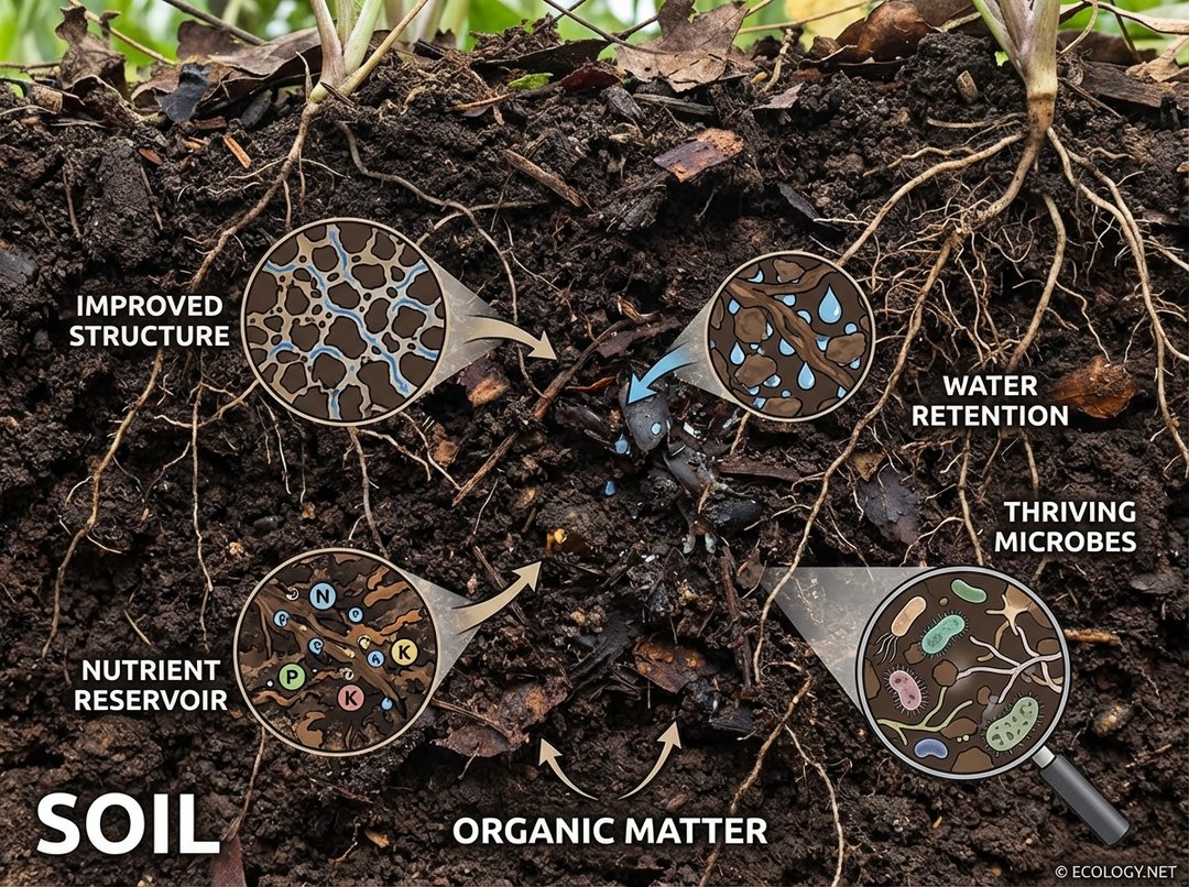 Cross-section of rich soil with organic matter, illustrating improved structure, water retention, nutrient reservoir, and thriving microbes for healthy plant roots.
