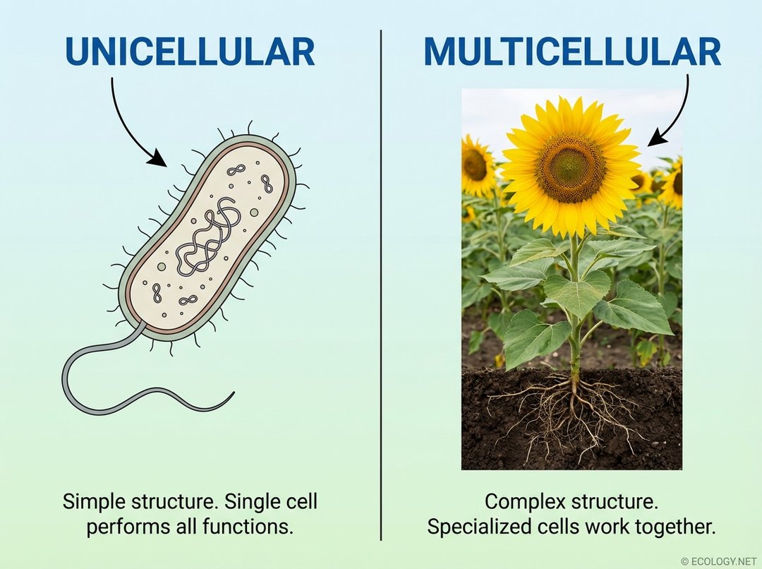 Diagram comparing a simple unicellular bacterium with a complex multicellular sunflower plant.