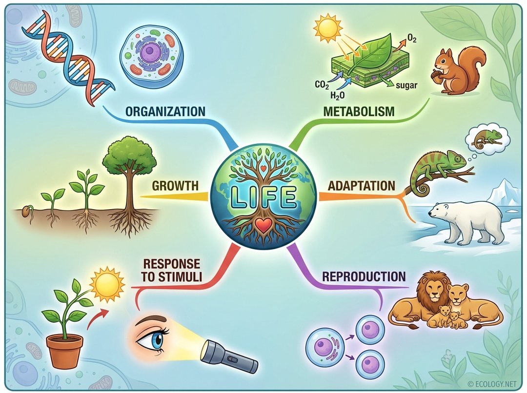 Illustrative diagram showing six radiating branches, each depicting a defining characteristic of life: Organization, Metabolism, Growth, Adaptation, Response to Stimuli, and Reproduction.