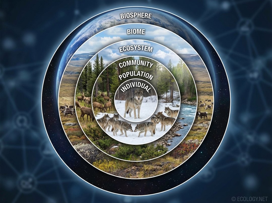 Hierarchical diagram illustrating levels of ecological organization: Individual, Population, Community, Ecosystem, Biome, and Biosphere.