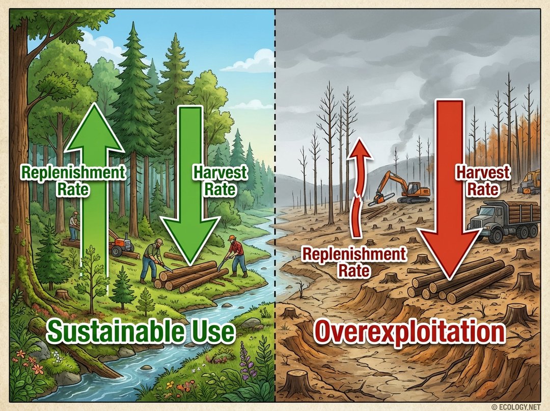 Diagram illustrating sustainable resource use versus overexploitation, showing balanced harvest and replenishment on one side, and excessive harvest leading to depletion on the other.