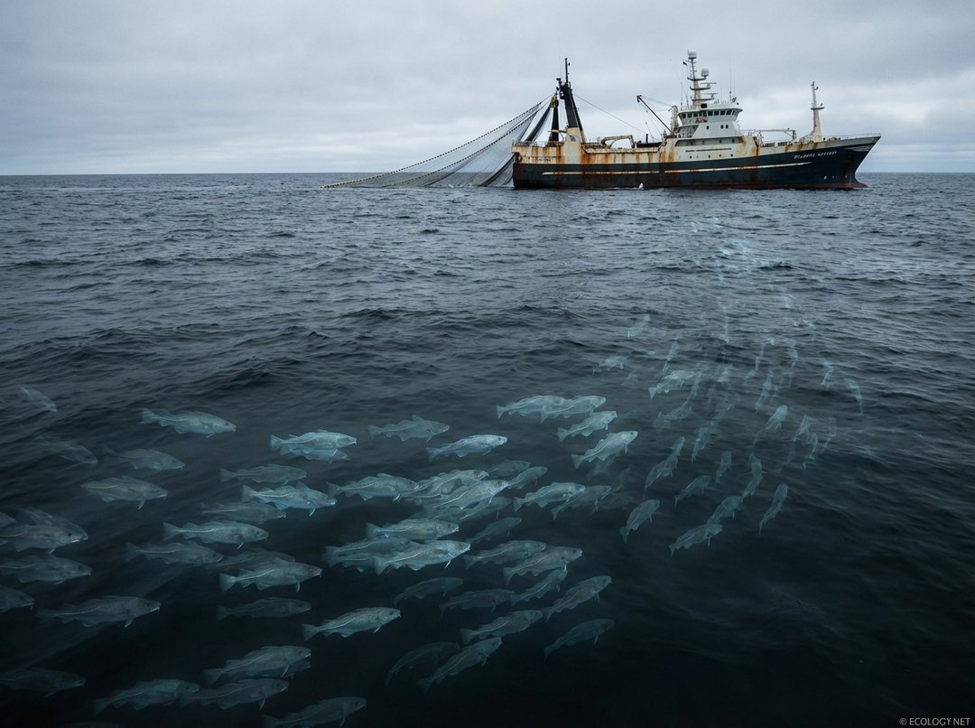 Photo-realistic image depicting a desolate ocean with a fishing trawler, symbolizing the severe impact and scarcity after the collapse of the Atlantic Cod fishery due to overfishing.