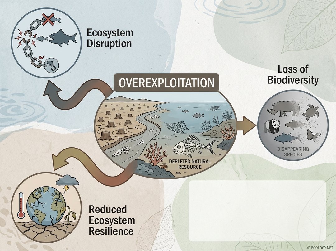 Illustrative diagram showing overexploitation leading to ecological consequences like ecosystem disruption, loss of biodiversity, and reduced ecosystem resilience through a ripple effect.