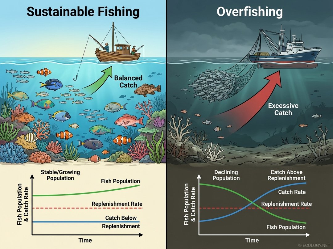 Diagram comparing sustainable fishing with a healthy fish population and balanced catch, versus overfishing with a depleted population and excessive catch.