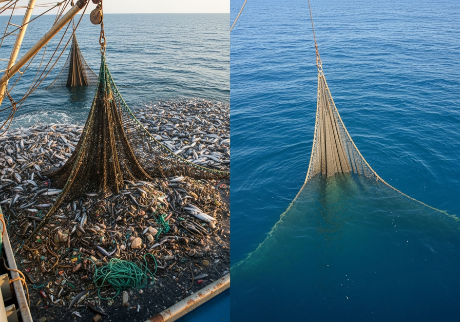 Split-screen image showing a bustling fishing fleet with full nets on the left and an empty, depleted ocean on the right, illustrating overfishing's impact.