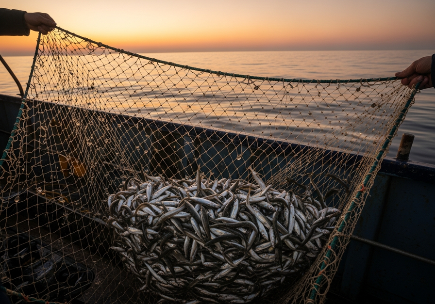 A trawler's net at sunset, overflowing with small, juvenile fish, highlighting the issue of growth overfishing.