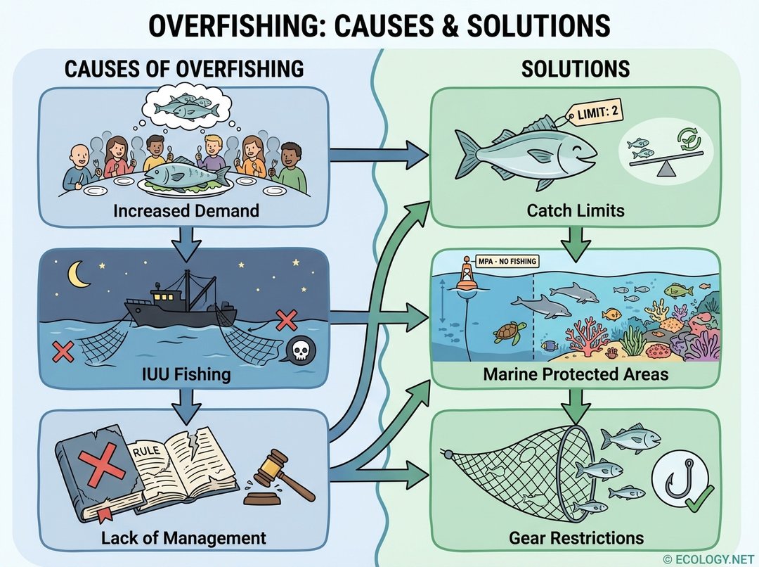 Illustrative diagram depicting causes of overfishing like increased demand and illegal fishing, alongside solutions such as catch limits and marine protected areas.