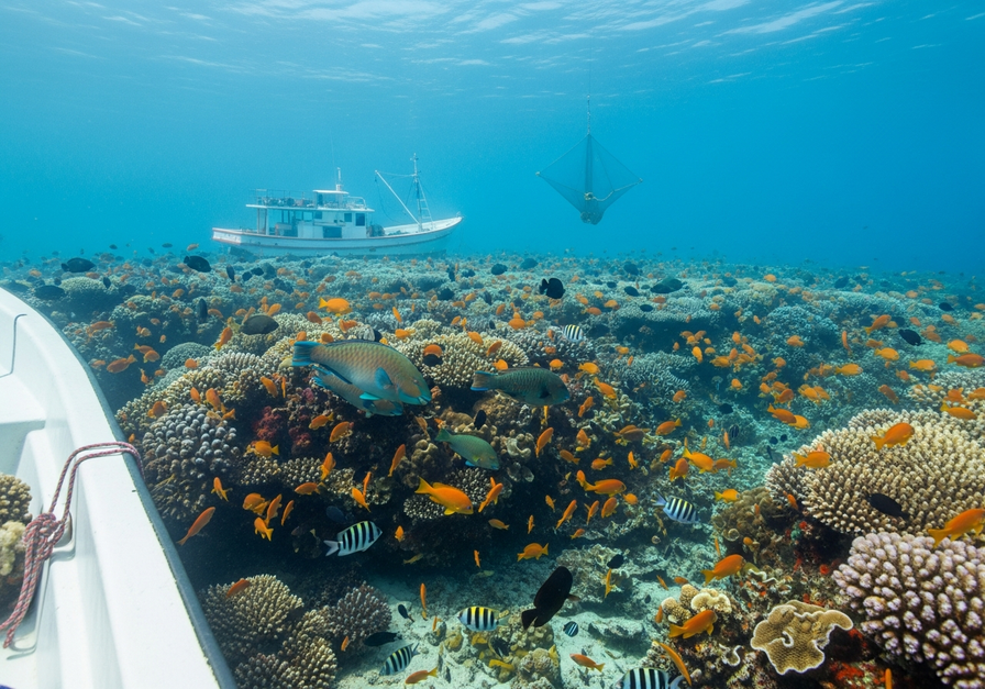 A vibrant, protected coral reef teeming with diverse fish, contrasting with a distant, empty fishing vessel, showcasing marine sanctuary success.
