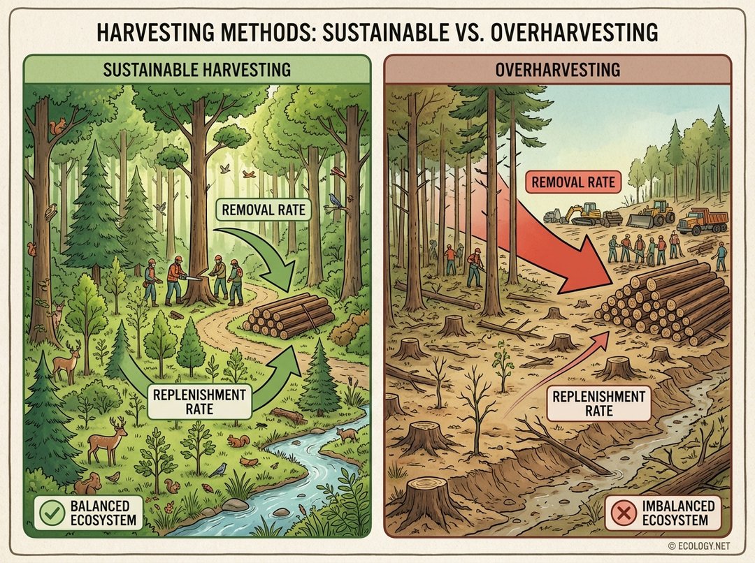 Diagram comparing sustainable harvesting with overharvesting, showing balanced vs. imbalanced removal and replenishment rates.