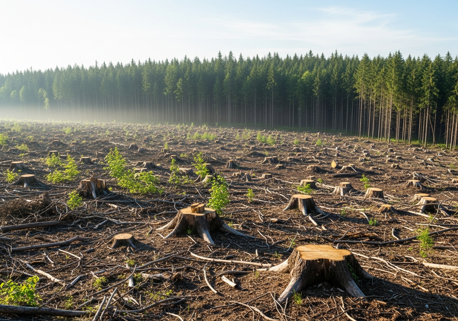 A wide, sunlit forest panorama showing a large clear-cut area with bare stumps and scarred earth in the foreground, contrasting with dense green healthy trees in the background. Sparse young saplings indicate early regeneration, illustrating the impact of overlogging.