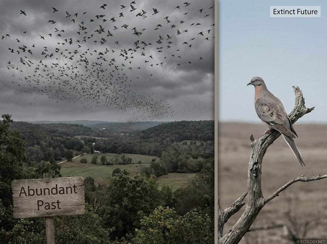 Visual progression showing an abundant flock of passenger pigeons on the left and a single, forlorn pigeon on the right, symbolizing extinction.