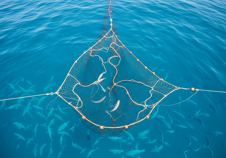 An overhead shot of an open fishing net lying limp and empty on the sea surface, with a few stray fish visible. In the distance, a healthy school of fish swims below, contrasting with the desolate net and symbolizing the consequences of overfishing and bycatch.
