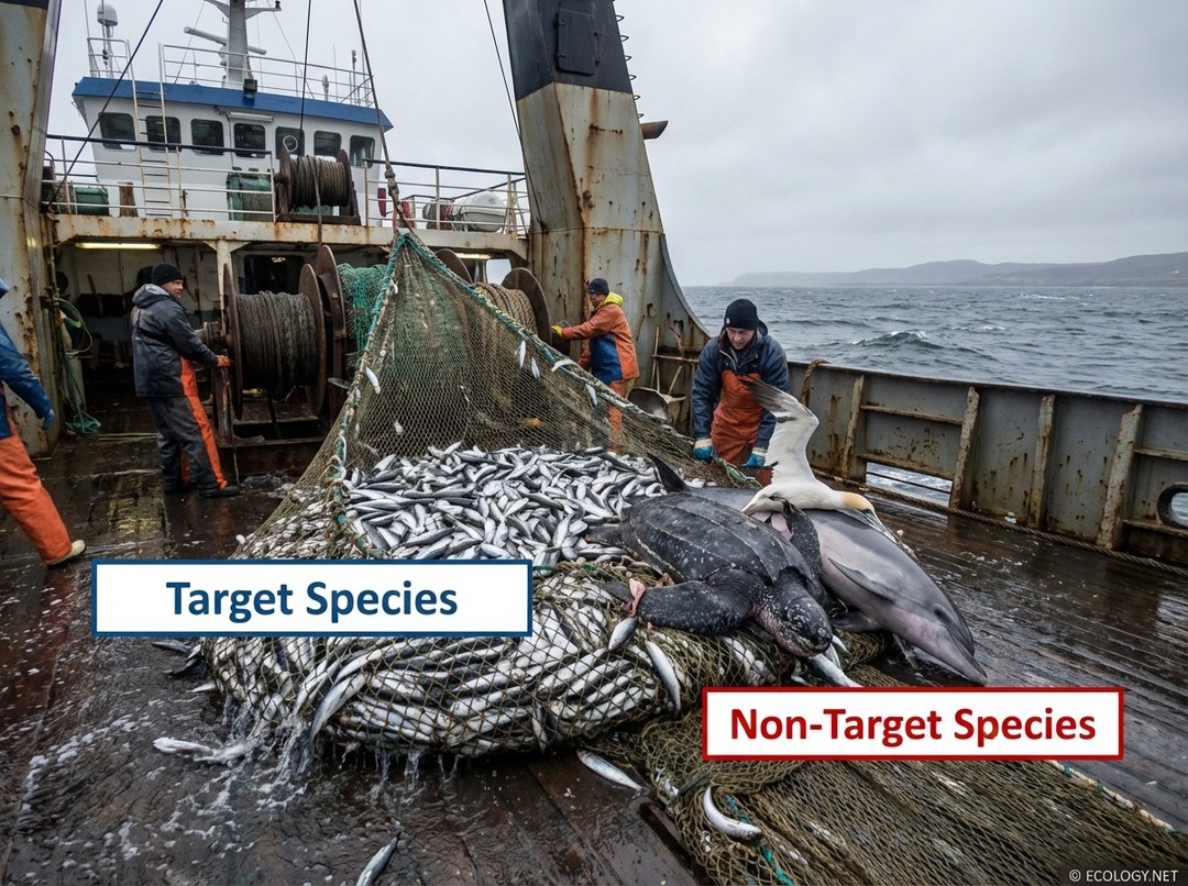 Commercial fishing net being hauled, containing target fish alongside entangled non-target species like a sea turtle, dolphin, and seabird.