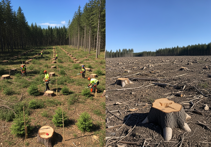 A split-screen image contrasting sustainable selective logging on the left, showing loggers and fresh saplings in a largely intact forest, with an illegal, extensive clear-cut on the right, depicting vast barren ground with large stumps and debris, highlighting the difference between sustainable and unsustainable harvesting.