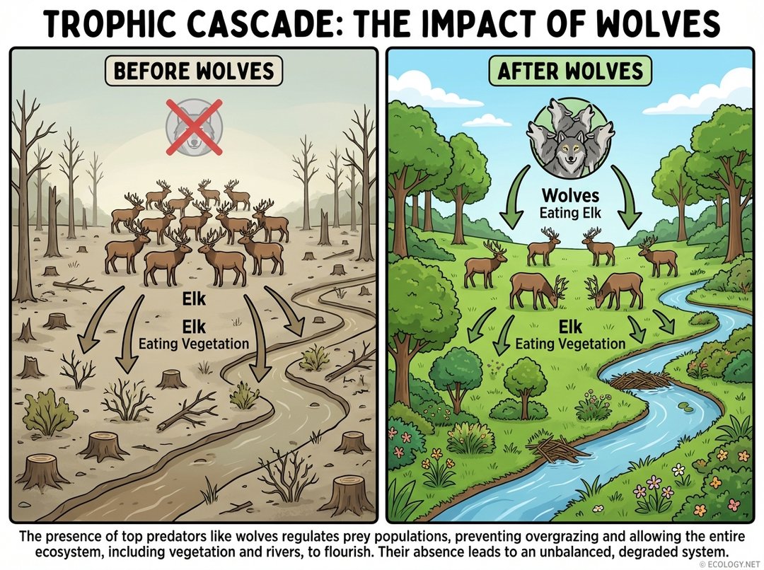 Diagram illustrating a trophic cascade, showing a sparse forest with abundant elk before wolves, and a lush forest with controlled elk after wolves were reintroduced to Yellowstone.
