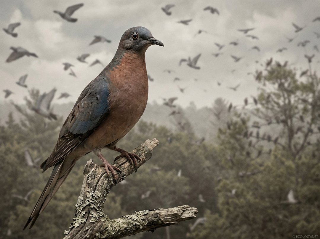 Photo-realistic image of an extinct Passenger Pigeon perched on a branch, with a blurred background suggesting a vast historical flock.