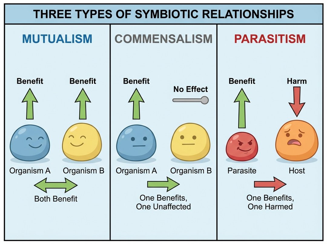 Diagram comparing mutualism, commensalism, and parasitism, showing benefit, no effect, or harm for interacting organisms.