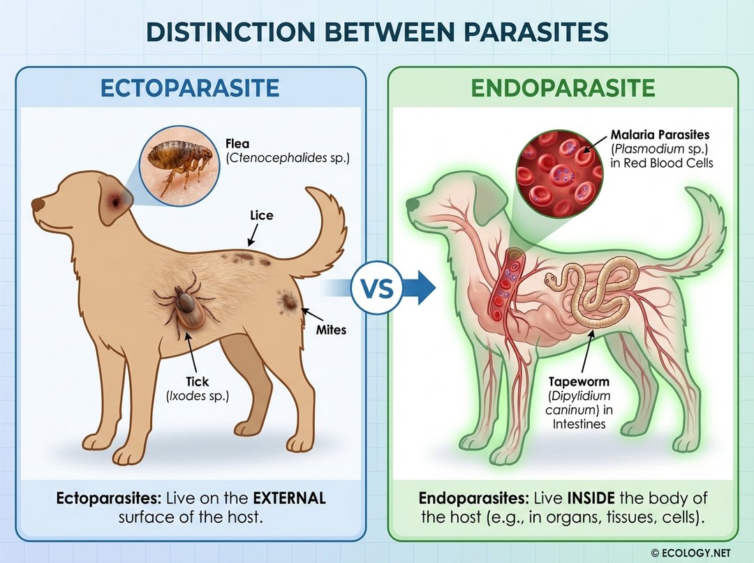Illustrative diagram distinguishing ectoparasites on the external surface of a mammal from endoparasites residing inside its body.