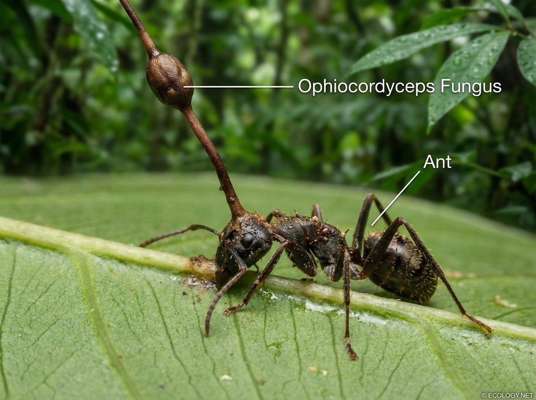 Photo of a 'zombie ant' with Ophiocordyceps fungus growing from its head, gripping a leaf in a rainforest.