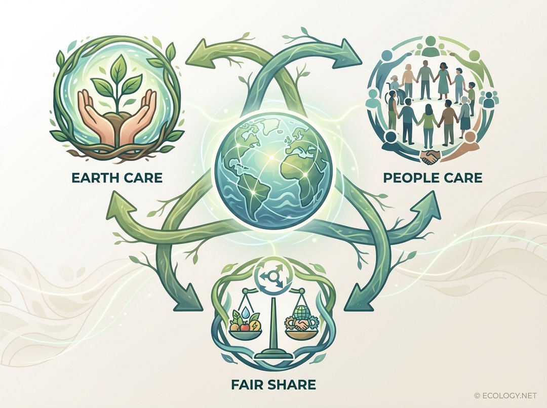 Diagram illustrating the three ethical pillars of Permaculture: Earth Care, People Care, and Fair Share.