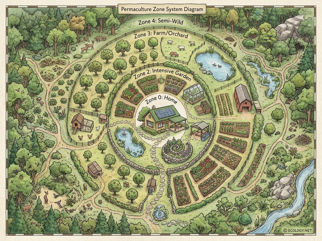 Aerial diagram showing Permaculture zone planning from Zone 0 (Home) to Zone 5 (Wilderness).