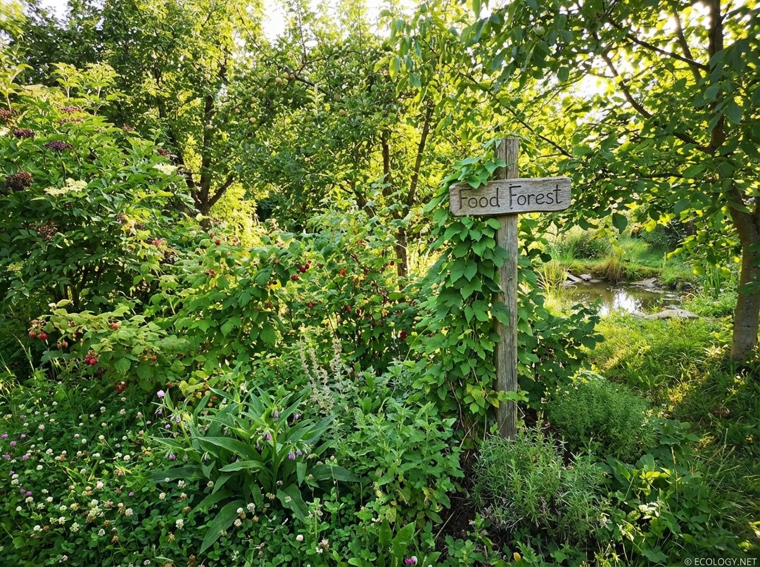 Lush, multi-layered permaculture food forest demonstrating abundance and biodiversity.