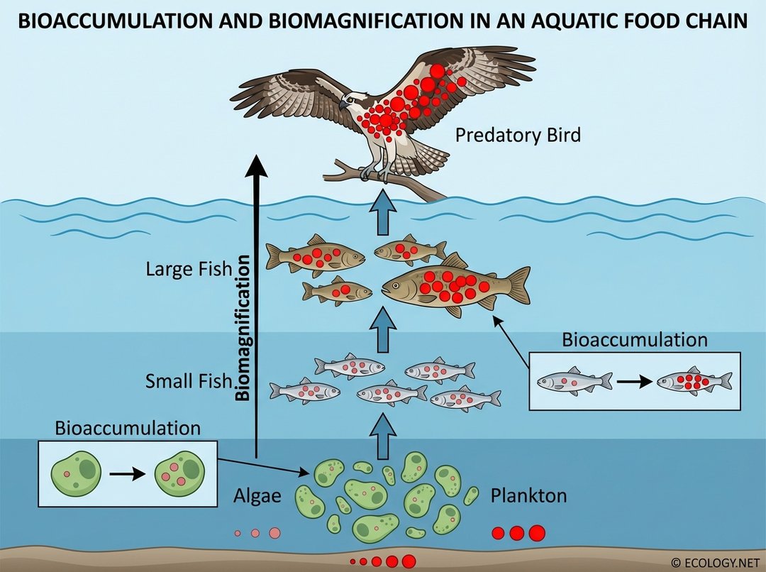 Diagram showing bioaccumulation and biomagnification in an aquatic food chain, with increasing pesticide concentration from algae to small fish, large fish, and a predatory bird.