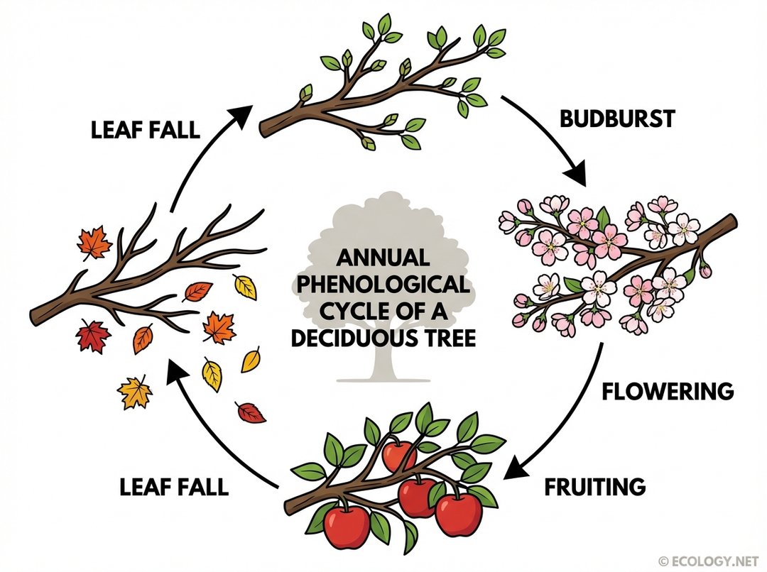 Diagram illustrating the annual phenological cycle of a deciduous tree, showing budburst, flowering, fruiting, and leaf fall.